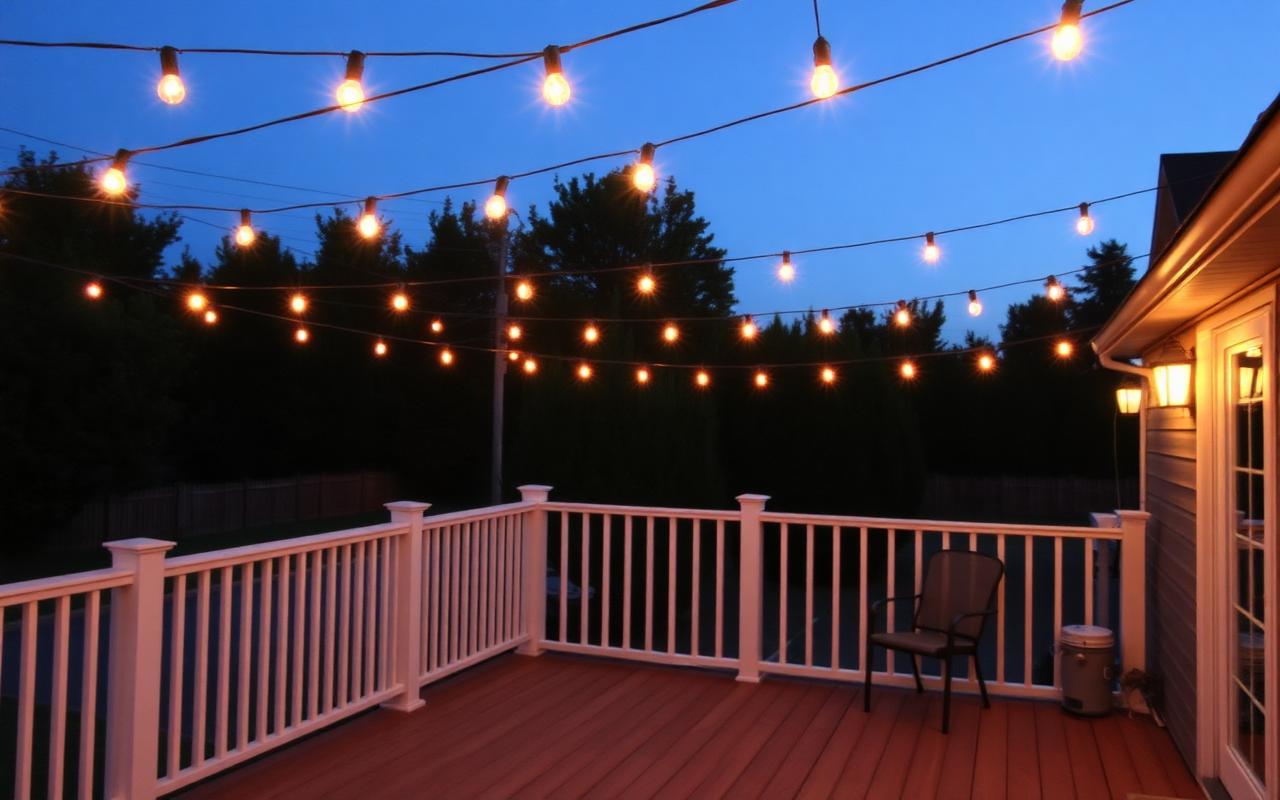 Deck lighting with warm step lights and a string canopy
