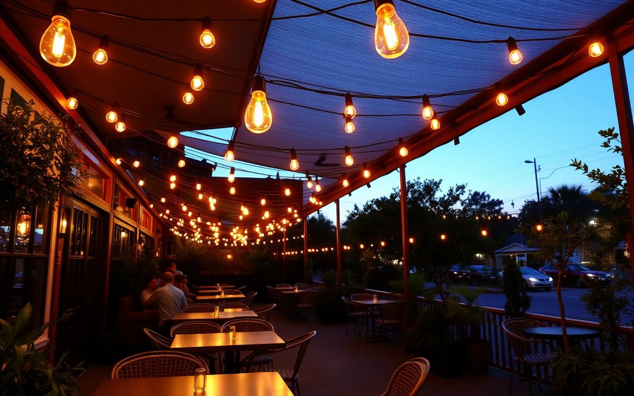 Bistro lighting canopy over a patio dinner table at dusk